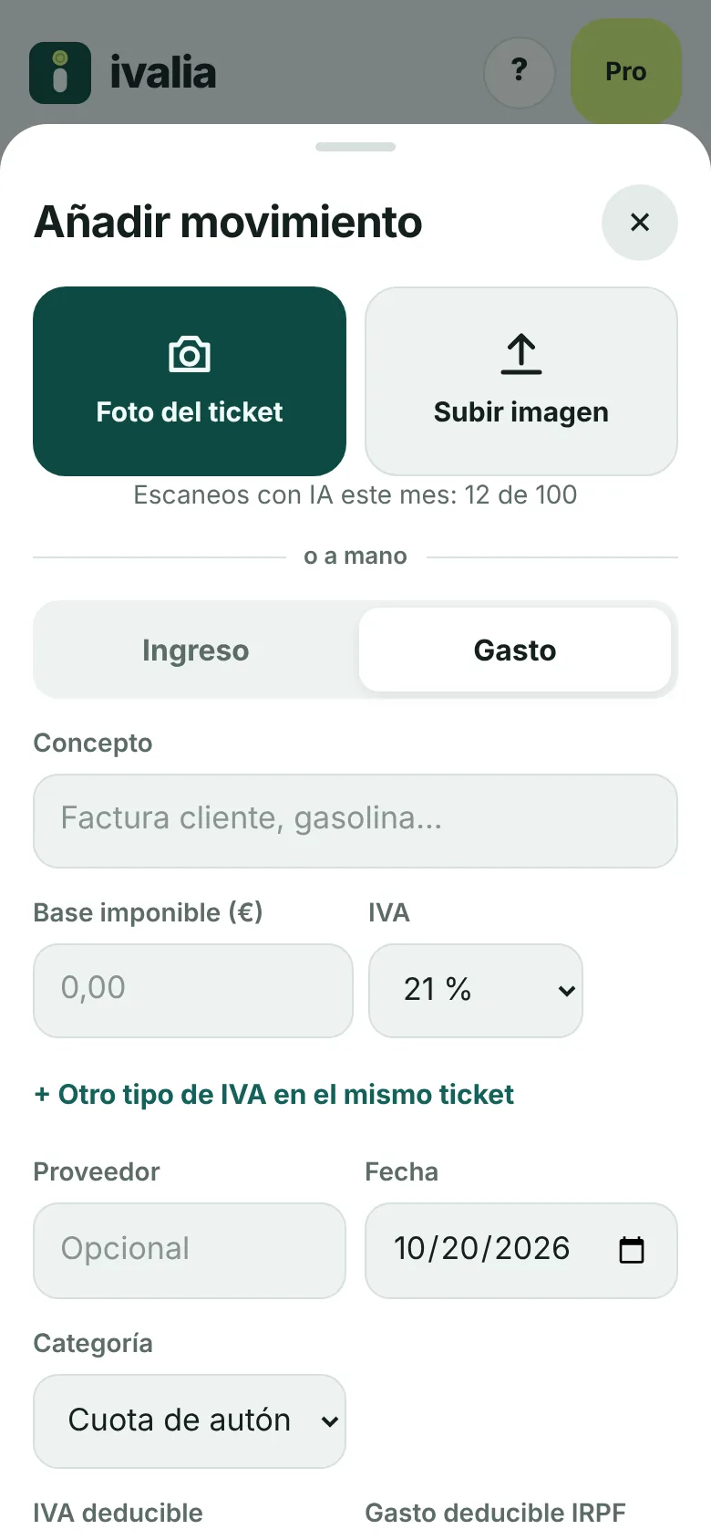 Pantalla de Ivalia para añadir un gasto con foto del ticket